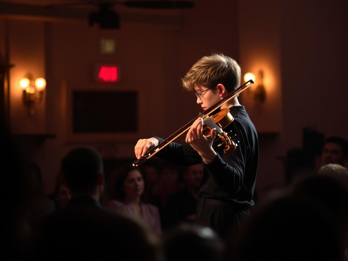 Aluno tocando violino em apresentação